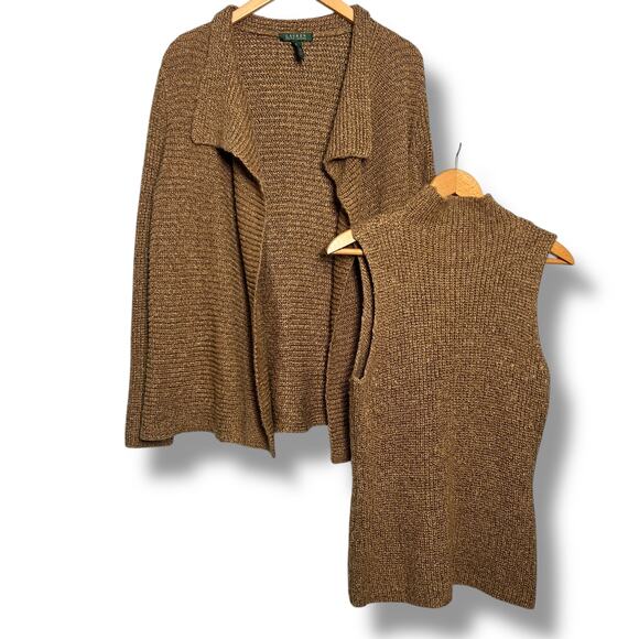 Ralph Lauren Gold Draped Open Front Cardigan Mock Neck Tank Belted Sz XL Gold - Picture 3 of 16